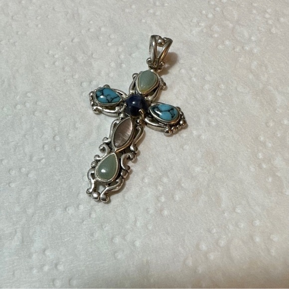 SU Thailand Jewelry - Vintage Sterling Silver Cross With Multicolored Gemstones 1.75 Inches Signed